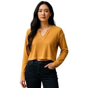 New In Womens Sz L Mustard Solid Long Sleeve Crop Shirt